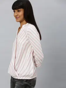Vero Moda Women White & Blue Striped Blouson Top with Wrap Detail