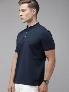 Park Avenue Men Navy Blue Solid Slim Fit Mandarin Collar T-shirt