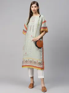 Biba Women Sea Green & Orange Printed Kaftan Kurta