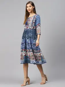 Biba Blue & Grey Ethnic Motifs Printed A-Line Dress
