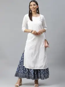 Biba Women White Yoke Design Straight Layered Kurta