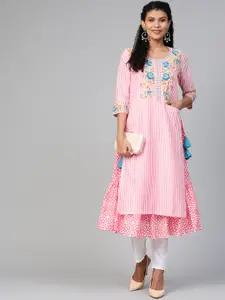 Biba Women Pink & White Striped A-Line Kurta