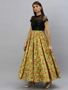 Ethnovog Women Green Printed  Sequinned Made To Measure Maxi Dress