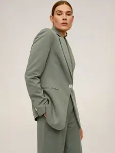 MANGO Women Olive Green Solid Regular Fit Single-Breasted Formal Blazer