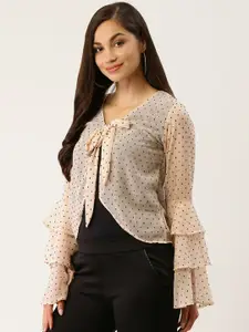 Trend Arrest Women Peach-Coloured & Black Micro Ditsy Self-Design Tie-Up Shrug