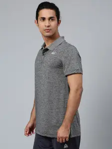 Reebok Men Charcoal Grey & Black Essentials Self-Striped Polo Collar Training T-shirt