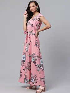 Deewa Women Pink & Blue Floral Print Maxi Dress