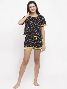 Claura Women Navy Blue & Yellow Printed Night Suit Cot-163