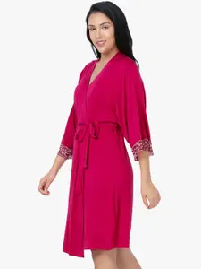 Amante Women Pink Solid Lace Touch Sleep Robe
