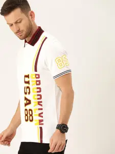 Moda Rapido Men White  Maroon Printed Polo Collar Pure Cotton T-shirt with Applique Detailing
