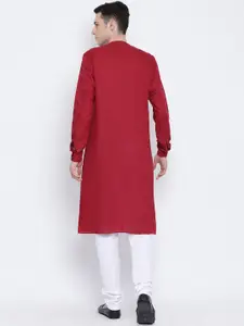 NAMASKAR Men Maroon & White Solid Cotton Kurta with Churidar