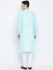 NAMASKAR Men Blue & White Cotton Solid Kurta with Churidar