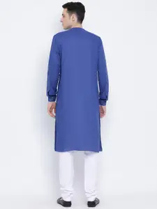 NAMASKAR Men Blue & White Cotton Solid Kurta with Churidar