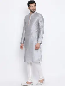 NAMASKAR Men Silver-Coloured Solid Dupion Silk Straight Kurta