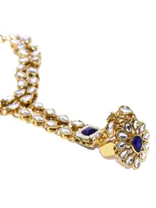 Zaveri Pearls Gold-Toned Blue Kundan Studded Bridal Collection Hand Harness Ring Bracelet