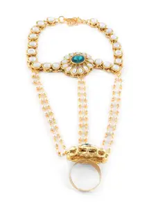 Zaveri Pearls Gold-Plated & Green Kundan-Studded Ring Bracelet