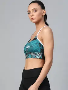 Reebok Teal Green & Black All Over Print WOR Meet You There Low Impact Training Bra FJ2695