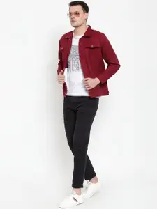 VOXATI Men Maroon Solid Denim Jacket