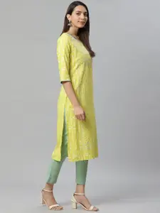 AURELIA Women Lime Green & Blue Printed Straight Kurta