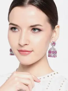 JEWELS GEHNA Pink Silver-Plated AD Studded Handcrafted Dome Shaped Jhumkas