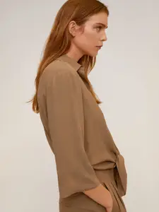 MANGO Women Olive Brown Regular Fit Solid Tie-Up Hem Casual Shirt