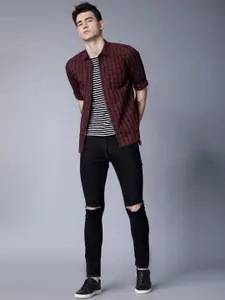 HIGHLANDER Men Red & Black Slim Fit Yarn Dyed Checked Casual Shirt