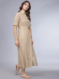 Vishudh Women Beige & Off-White Checked A-Line Dress