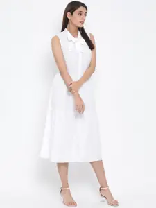 Oxolloxo Women White Solid Fit and Flare Dress with Gathers