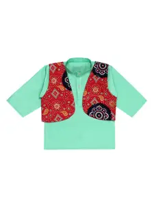 Superminis Boys Green and Red Printed Kurta and Pyjamas with Waist Coat