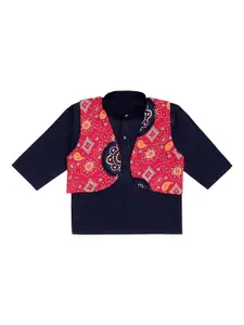 Superminis Boys Navy Blue and Red Printed Kurta with Pyjamas