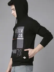 Roadster Men Black & Grey Brand Logo Printed Hooded Sweatshirt