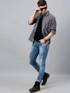 Roadster Men Brown & White Regular Fit Striped Casual Shirt