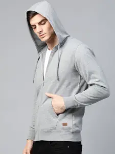 Roadster Men Grey Melange Solid Hooded Sweatshirt