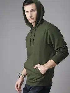 Roadster Men Olive Green Solid Hooded Sweatshirt