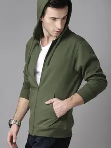 Roadster Men Olive Green Solid Hooded Sweatshirt