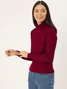 DressBerry Women Maroon Ribbed Pullover Sweater