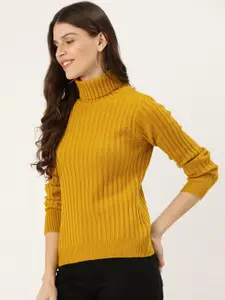 DressBerry Women Mustard Yellow Ribbed Pullover Sweater
