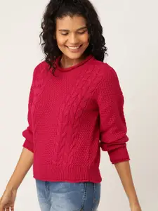 DressBerry Women Pink Self Design Pullover Sweater