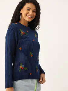 DressBerry Women Navy Blue Ribbed Ribbed Embroidered Sweater