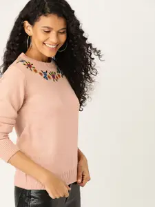 DressBerry Women Peach-Coloured Solid Pullover Sweater