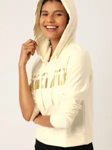 DressBerry Women Cream-Coloured Solid Hooded Sweatshirt