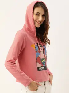 DressBerry Women Rust Pink Graphic Printed Hooded Sweatshirt