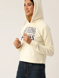 DressBerry Women Cream-Coloured & Navy Blue Printed Hooded Sweatshirt