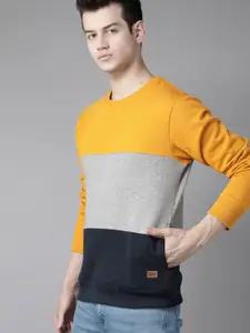 Roadster Men Mustard Yellow & Grey Melange Colourblocked Sweatshirt