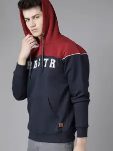 Roadster Men Navy Blue & Maroon Colourblocked Hooded Sweatshirt
