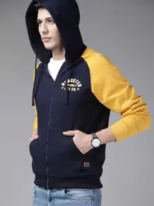 Roadster Men Navy Blue & Yellow Solid Front-Open Hooded Sweatshirt