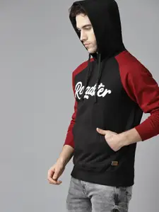 Roadster Men Black & White Brand Logo Embroidered Hooded Sweatshirt