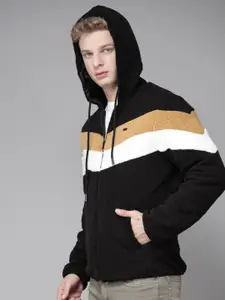 Roadster Men Black Striped Detail Padded Sherpa Jacket