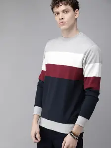 Roadster Men Navy Blue & Grey Melange Colourblocked Sweatshirt