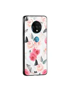DailyObjects Off-White & Pink Flowers Marble OnePlus 7T Glass Mobile Case